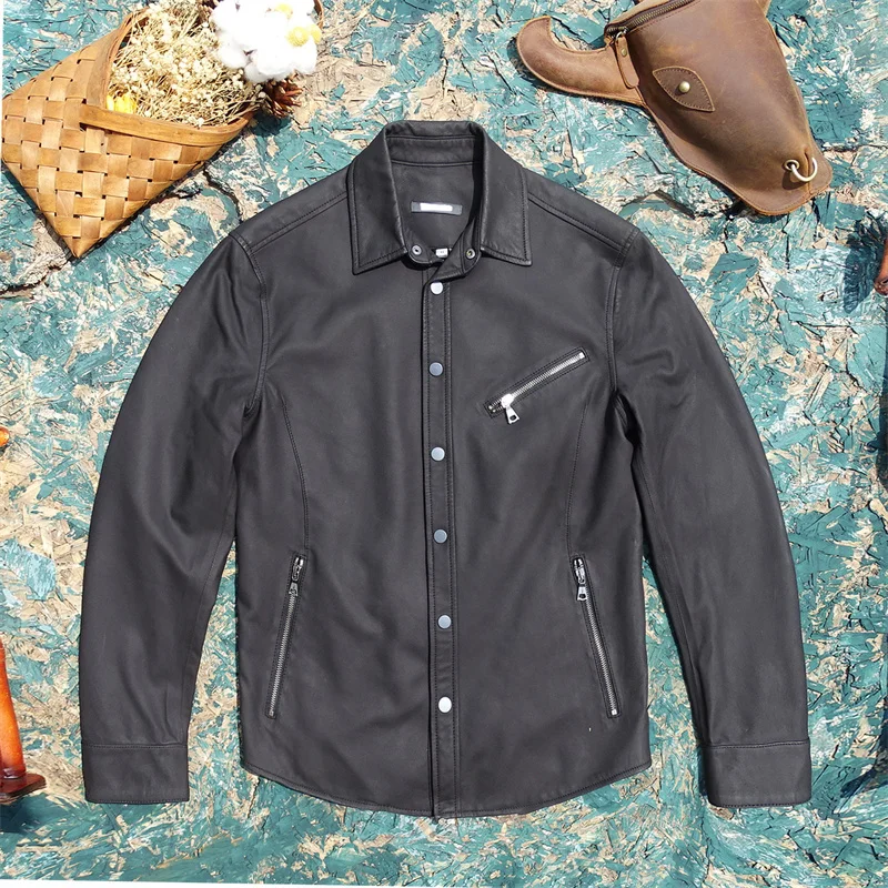 

Modern American Genuine Sheepskin Leather Shirt Carbon Grey Black UFace Spring Fashion Urban Style Youth Fit Shirt