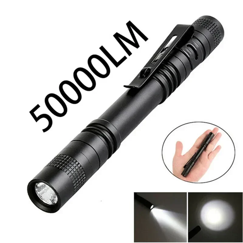 

Mini LED Flashlight Ultra Bright Lamp 50000LM Handy Penlight Torch Pocket Portable Flashlight Lantern Camping Work AAA Battery