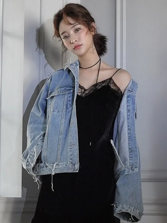 

Retro Lazy Chic Spring Loose Fit Denim Jaet with Frayed Hem And Turn-down Collar Waed out Vintage Sle Long Sve