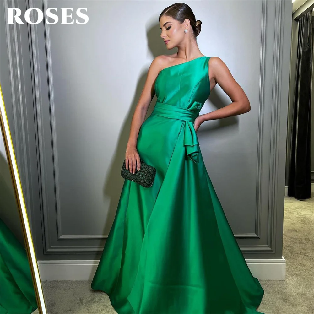 ROSES Green A Line Formal Gown Long Stain Evening Dresses One Shoulder Night Dresses Special Occasion Dress платье на выпускной