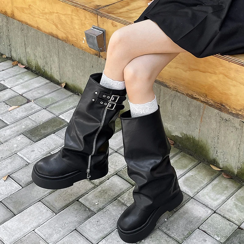 Vintage Platform Flats Women Knee High Boots Fashion Belt Buckle Shoes Autumn Winter Ladies Knight Long Booties