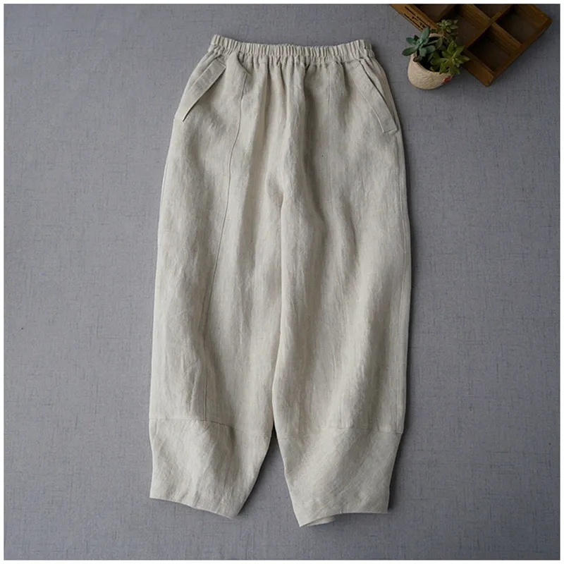 2025 New Spring Vintage Pocket Pants Women Chinese Style Loose Linen Cropped Pants Ankle-Length Casual Solid Patchwork Trousers