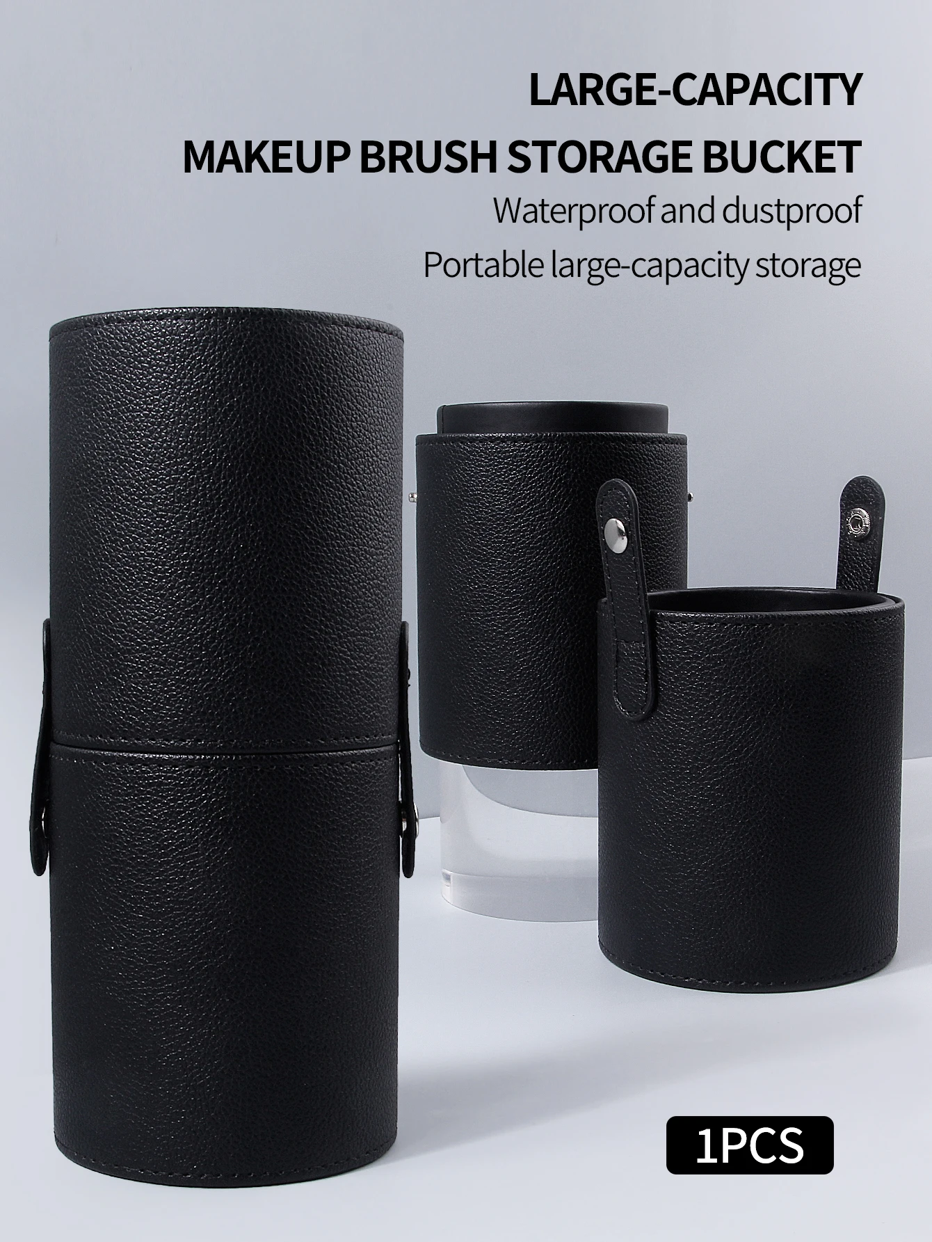 Large-Capacity Makeup Brush Storage Bucket, Travel Makeup Storage Box, High-End Style, Litchi-Patterned Leather Cylinder