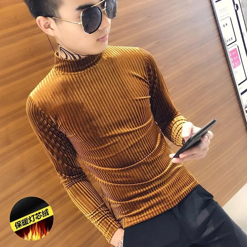 

Spring Autumn Social Spirit Guy Golden Velvet Thin Turtleneck Long Sleeve T-Shirt Men's Korean Slim-fit Handsome Bottom Shirt