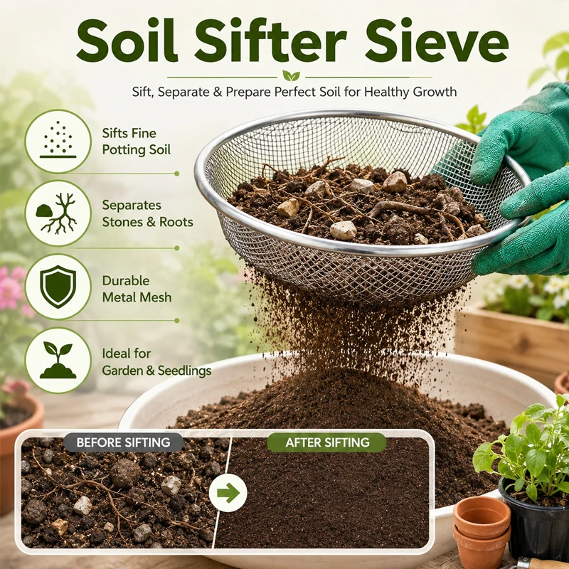 3/6/10mm Garden Soil Sifter Round Mesh Basket Metal Soil Sieve Rust-Resistant Sifting Equipment Rock Dirt Separator