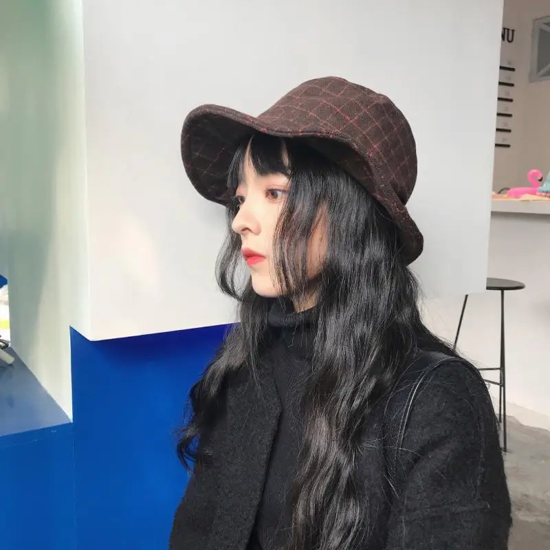 Plaid Felted Wool Fisherman Hat with Moisture Absorption And Sweat Release for Women Autumn/Winter Wear Foldable Design