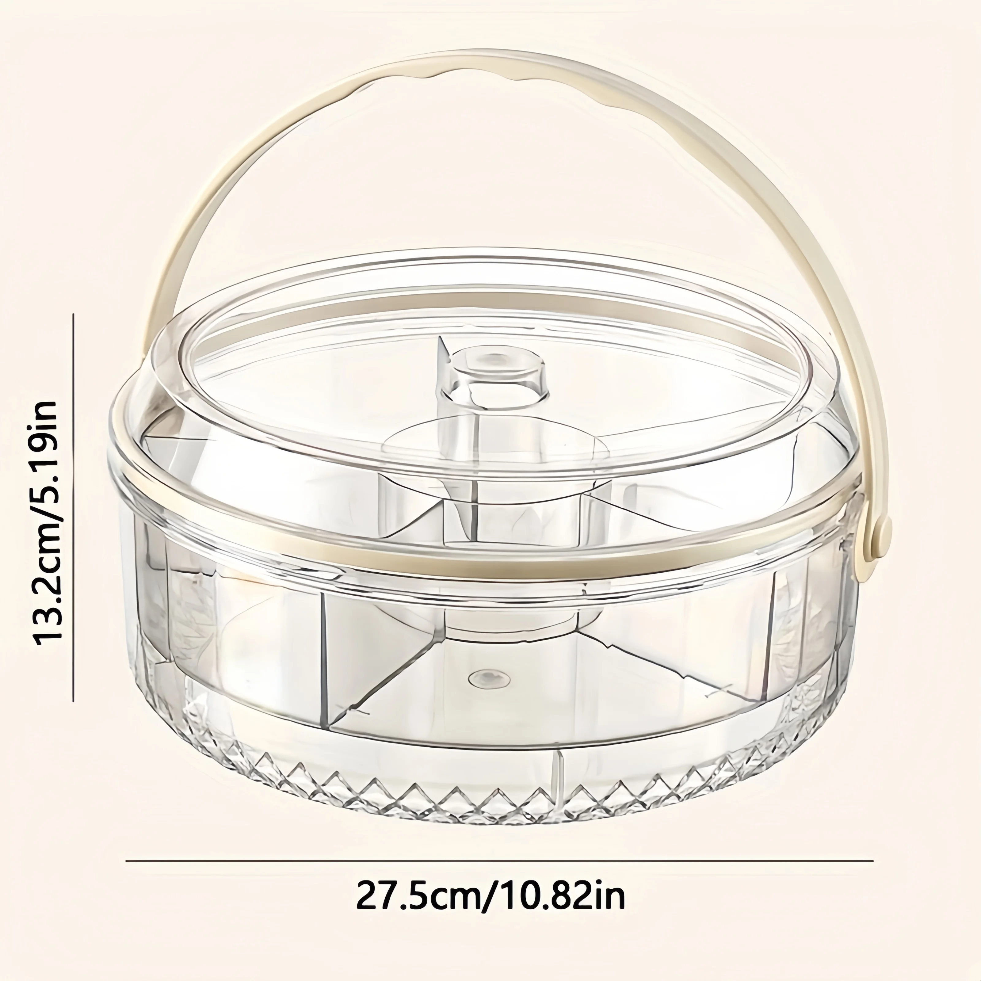 

Portable household round covered snack box with handle, five-compartment fresh-keeping fruit plate, moisture-proof sealed dried