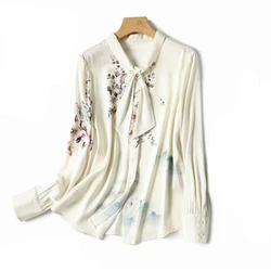 Chiffon Vintage Women's Shirts Spring/summer Prints Blouses Loose Long Sleeves Women Tops Bow Fashion Clothing 2024 Korean