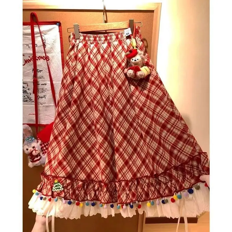 Fat sister dopamine christmas ball plaid skirt women's autumn and winter high waist thin a word long skirt