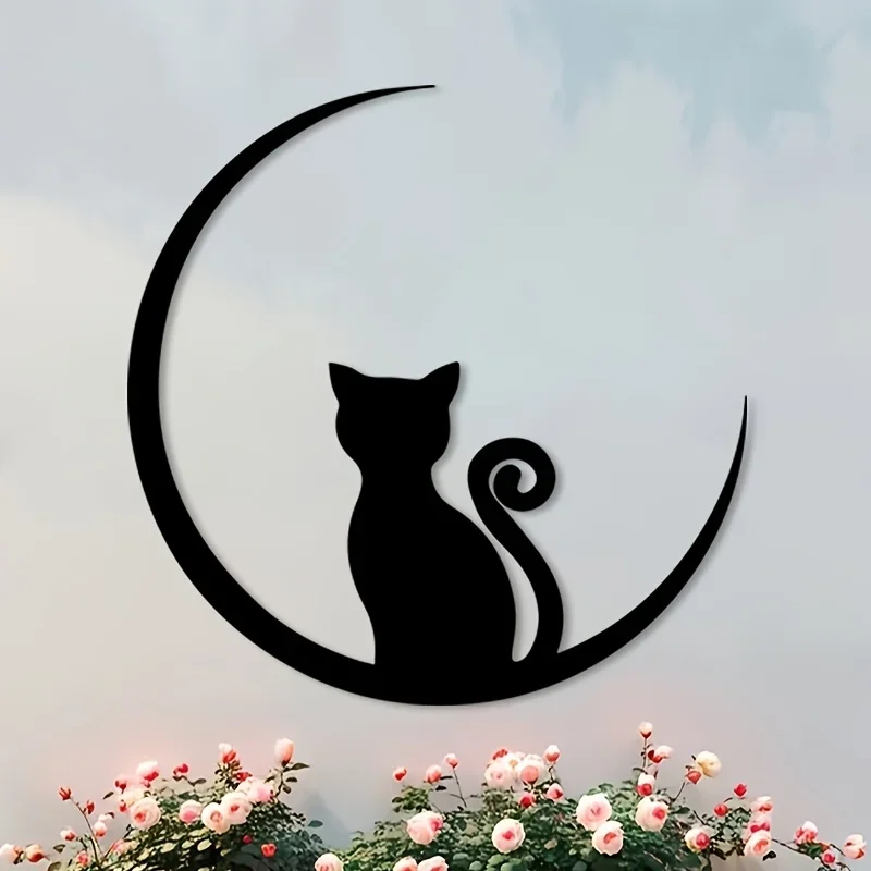 CIFBUY Arte de pared de hierro forjado con forma de gato, decoración metálica con silueta de luna, colgante hueco negro, regalo para amantes de los gatos para dormitorio y sala de estar