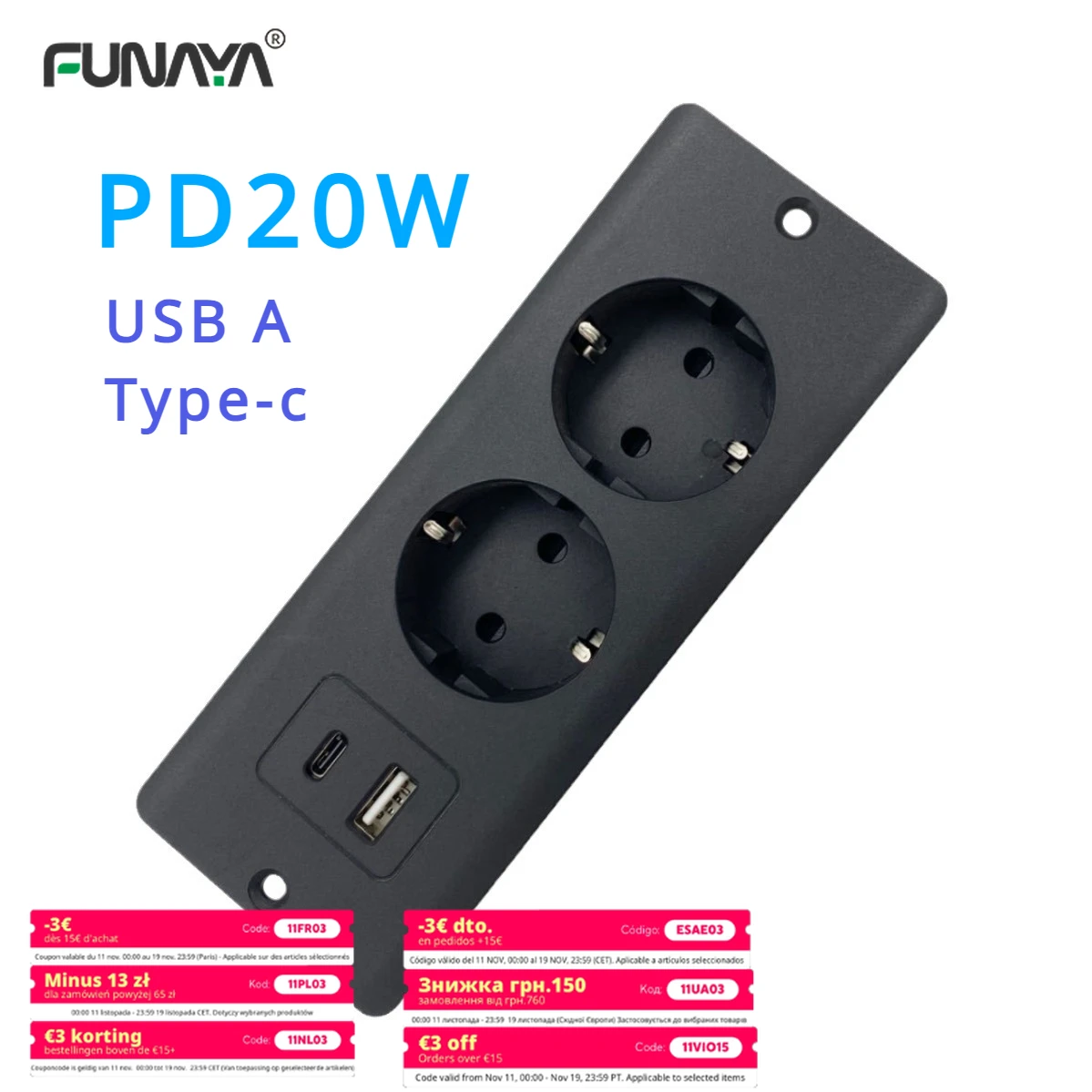 

15A Table Built-in Socket EU KR PD20W 2500W USB Row Fast Charge TYPE-C Embedded European Office Desktop Furniture Power Socket