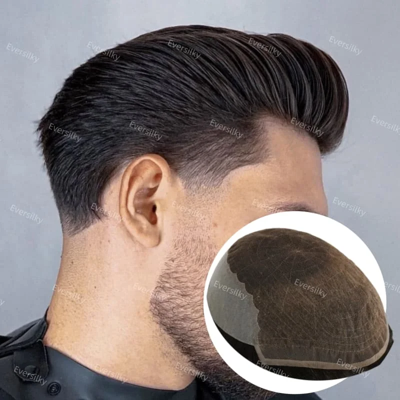 

Плотность 120%, 100% индийские человеческие волосы, невидимая система, протез для мужчин, мягкое швейцарское кружево и мужской парик из искусственной кожи # 1 # 1б черный мужской парик