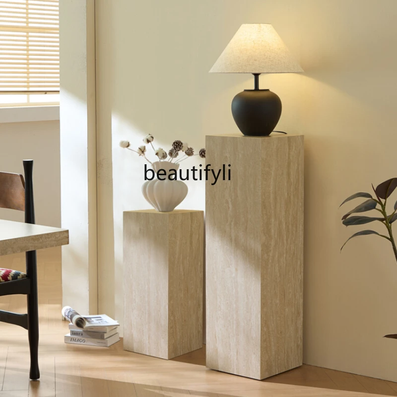 Quiefeng coffee table minimalist retro flower stand mobile sofa side shelf travertine rock slab display stand