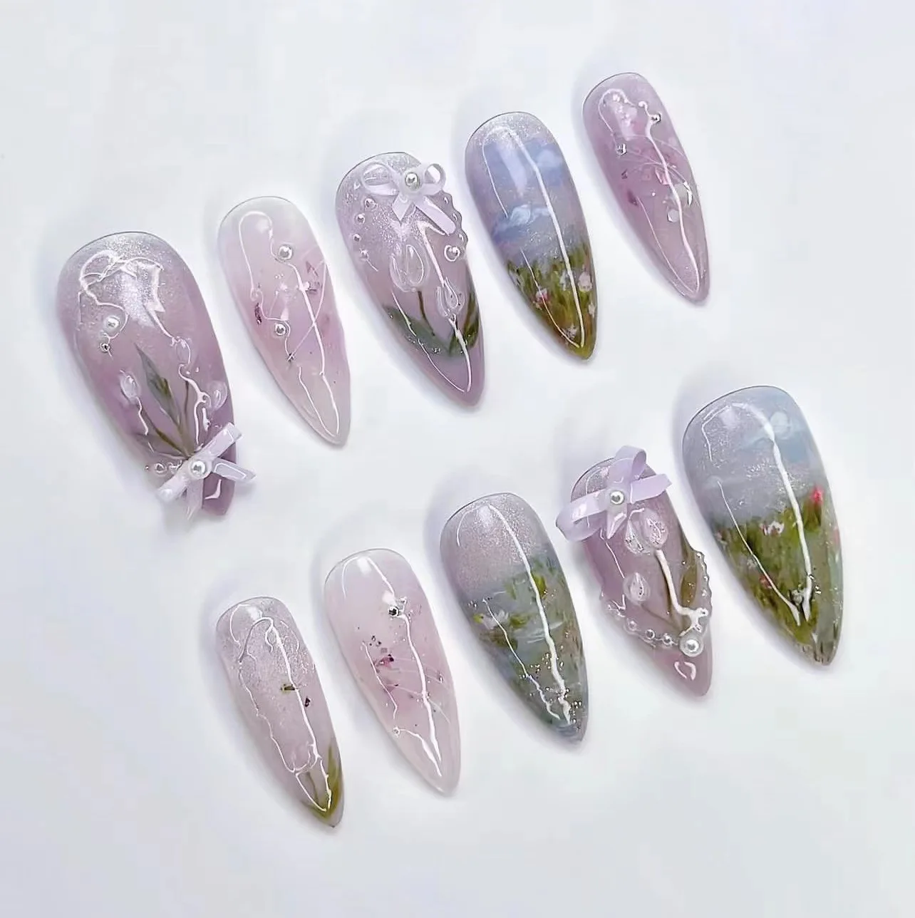 24pcs Almond Shaped Press-On Nails Gradient Purple 3D Water Droplets Butterfly Bow with Monet Garden Design Fake Nails for Women