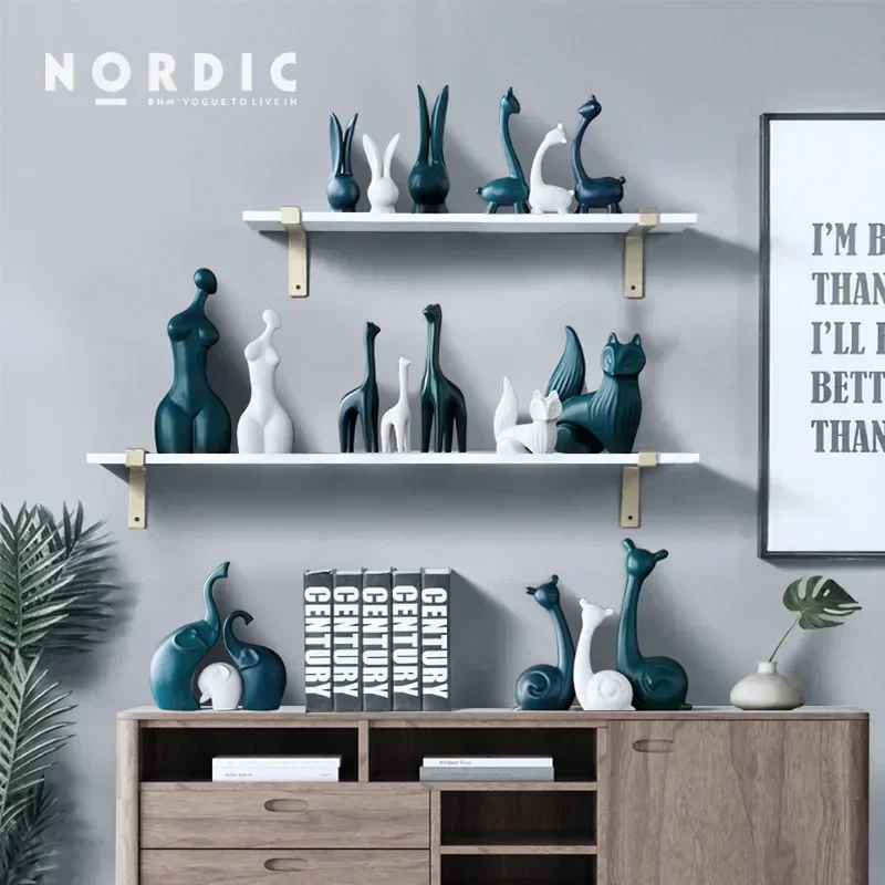 

Nordic White Blue Ceramic Deer Elephant Figurines Home Decoration Crafts Livingroom Desktop Animal Ornaments Modern Wedding Gift