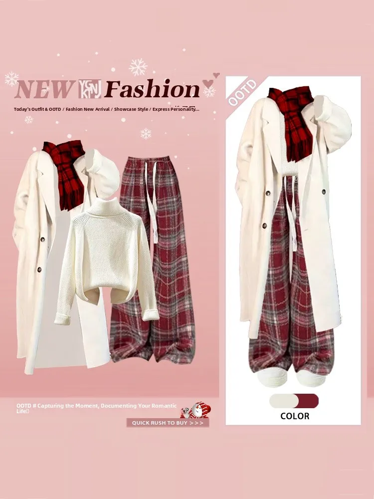 

Korean College Sle Women's Faion High-End Winter Coat Sweater Plaid Casual Pants Tee-Piece Set Versatile Autumn Winter