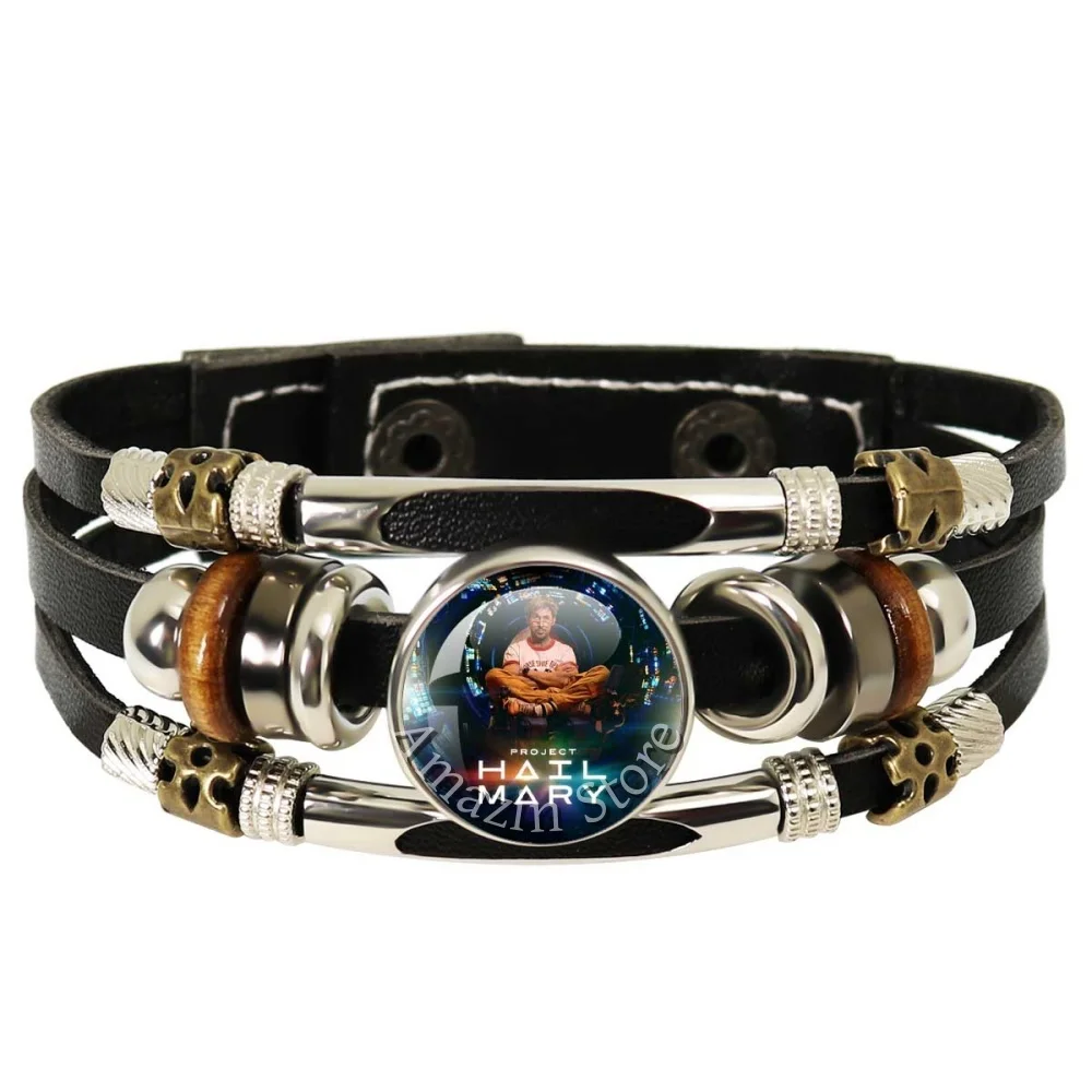 18mm Black Leather Bracelet  Ryan Gosling Project Hail Mary Laser Reflective Handmade Glass Decorations Bracelet Gifts TH007