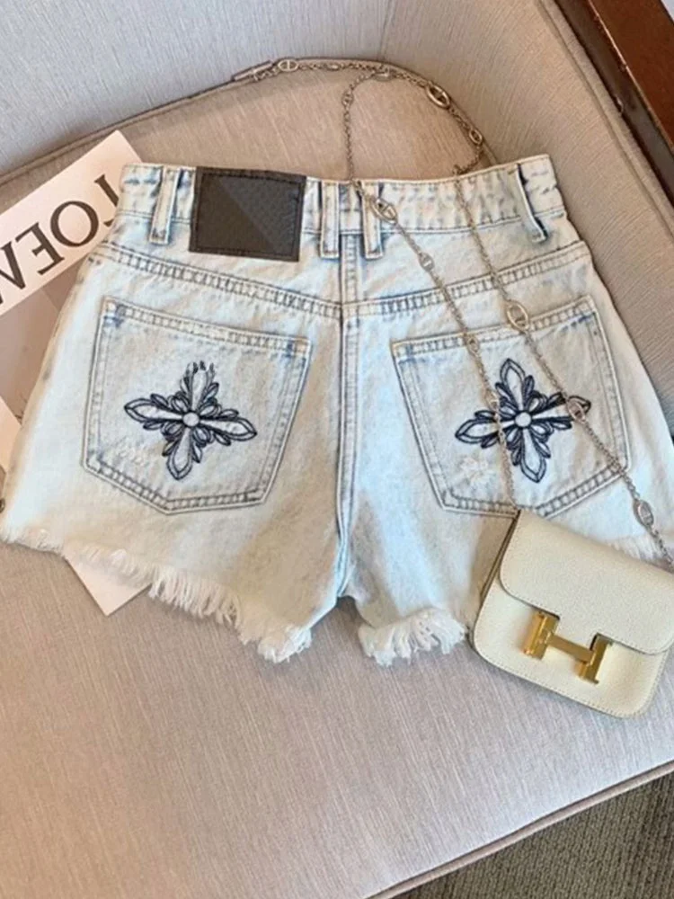 

Джинсы-шорты женские с высокой талией, прямые, с вышивкой и рваными краями, летние, новинка 2025, сексуальные, в форме А, модные