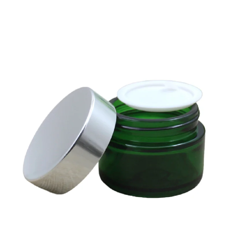 20g 30g 50g Empty Glass Cream Jar Green Eye Cream Jars Pot Body Care Cosmetics Face Cream Container with Bright Silver Lid 15pcs