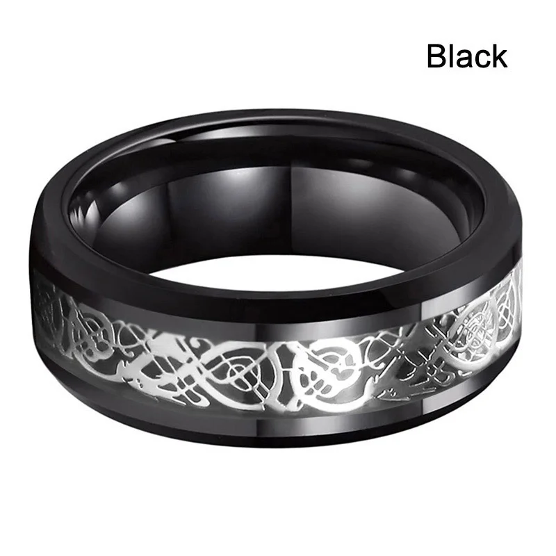 10 Colors 8mm Men\'s Stainless Steel Celtic Dragon Ring Inlay Red Green Black Carbon Fiber ring Wedding Band Jewelry Size 6-13