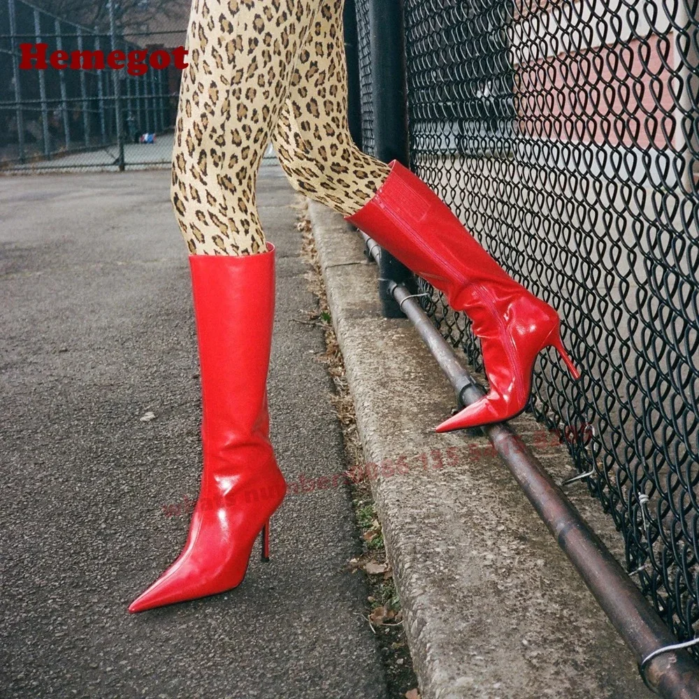 

Красные высокие сапоги на шпильке с острым носком, блестящие женские сапоги до колена с боковой молнией, зимняя повседневная обувь 2024, роскошные элегантные ботинки