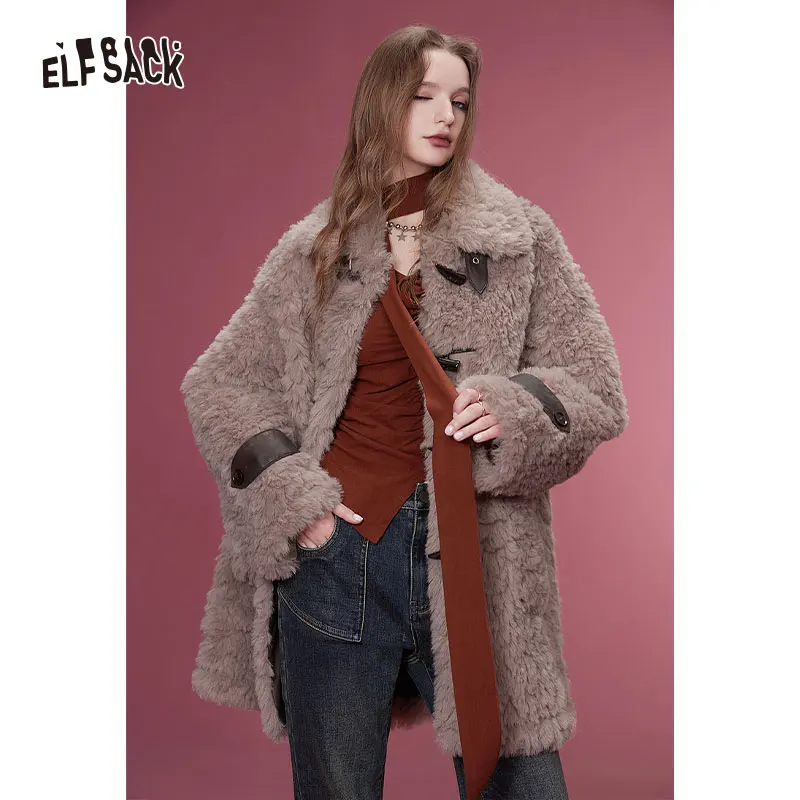 

ELFSACK Free Bag Luxury Fluffy Cotton Coats Women 2023 Winter New Designer Outerwears