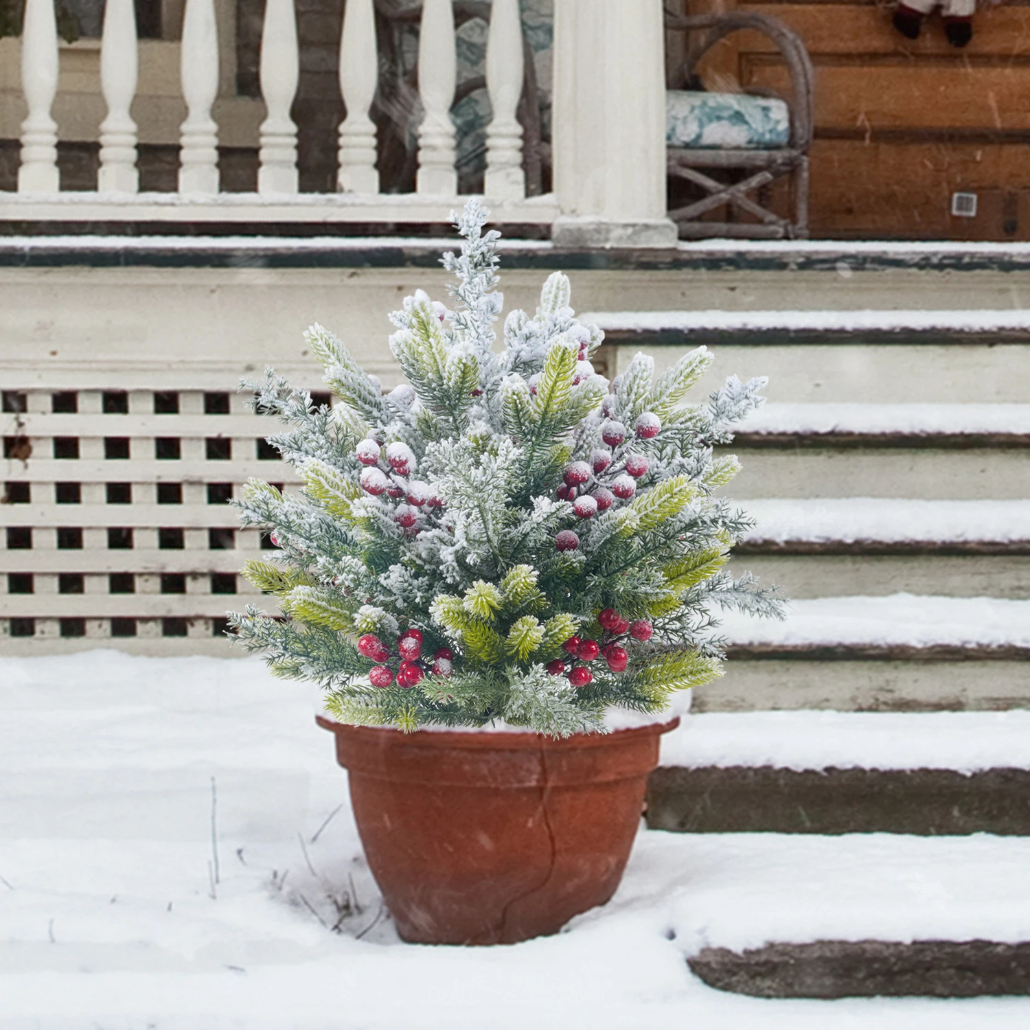 

Artificial Cypress Leaf with Ground Spikes Christmas Decoration Red Berry Branch Greenery Shrubs Outdoor Yard Porch Garden Decor
