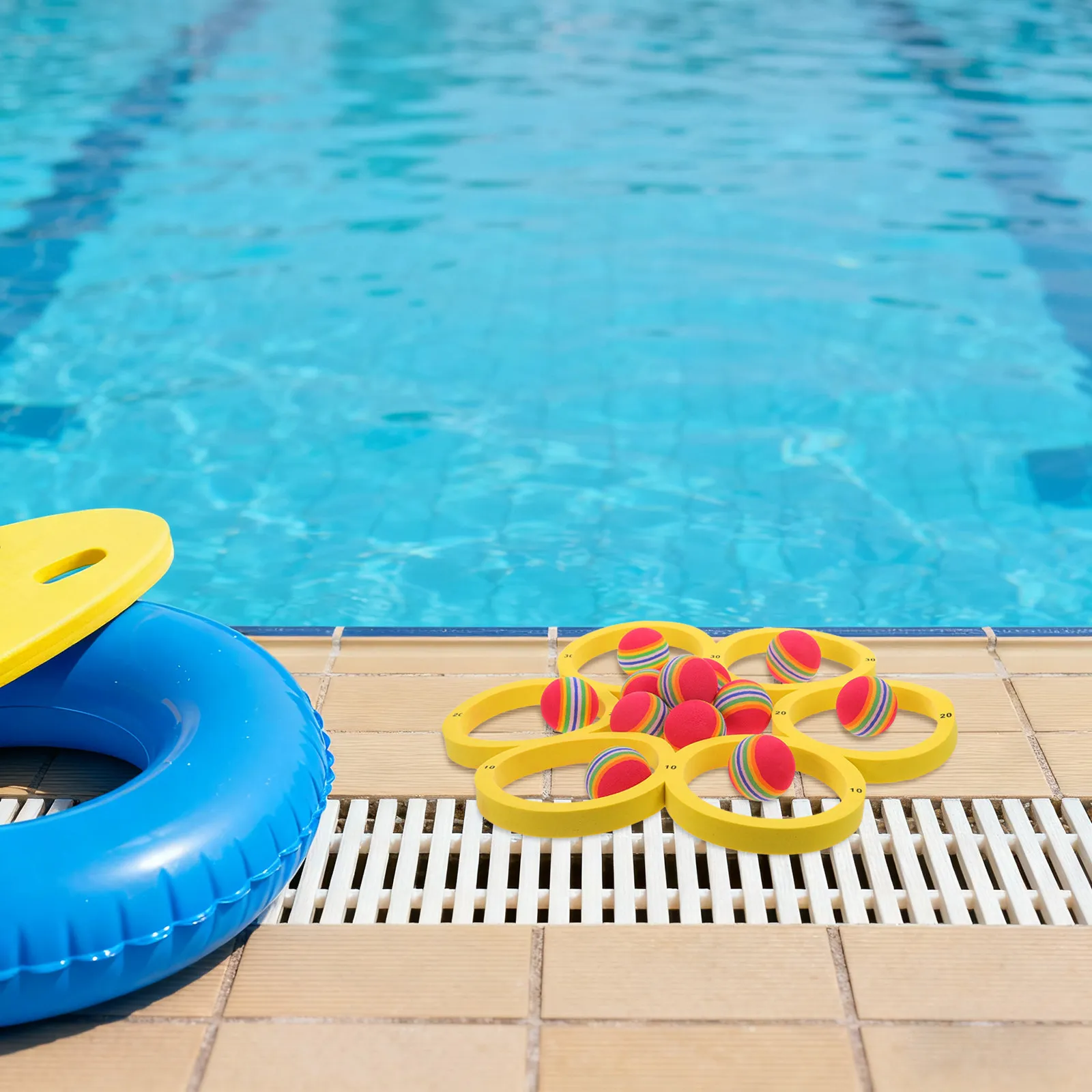 ชุดเกมส์โยนห่วงลอยน้ำ EVA 12 ลูก พร้อมตัวบอกคะแนน เกมส์โยนห่วงในสระสำหรับครอบครัว กีฬาทางน้ำกลางแจ้ง