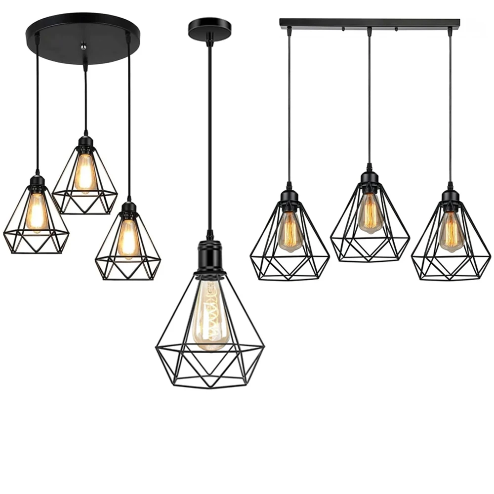 JOYINLED Vintage Industrieller Cluster 3-Kopf Kronleuchter Rechteckige Decken-Metallkäfig-Pendelleuchte E27 Leuchte für Flure