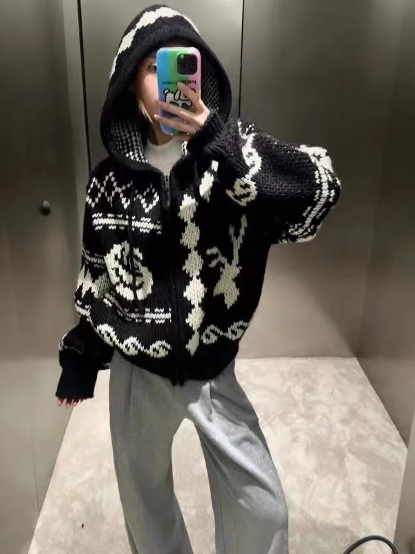 

Women's Hooded Knitwear Coat Loose Fit Autumn Winter Outerwear Lazy Style Soft American Retro Zipper Knitted Open Cardigan