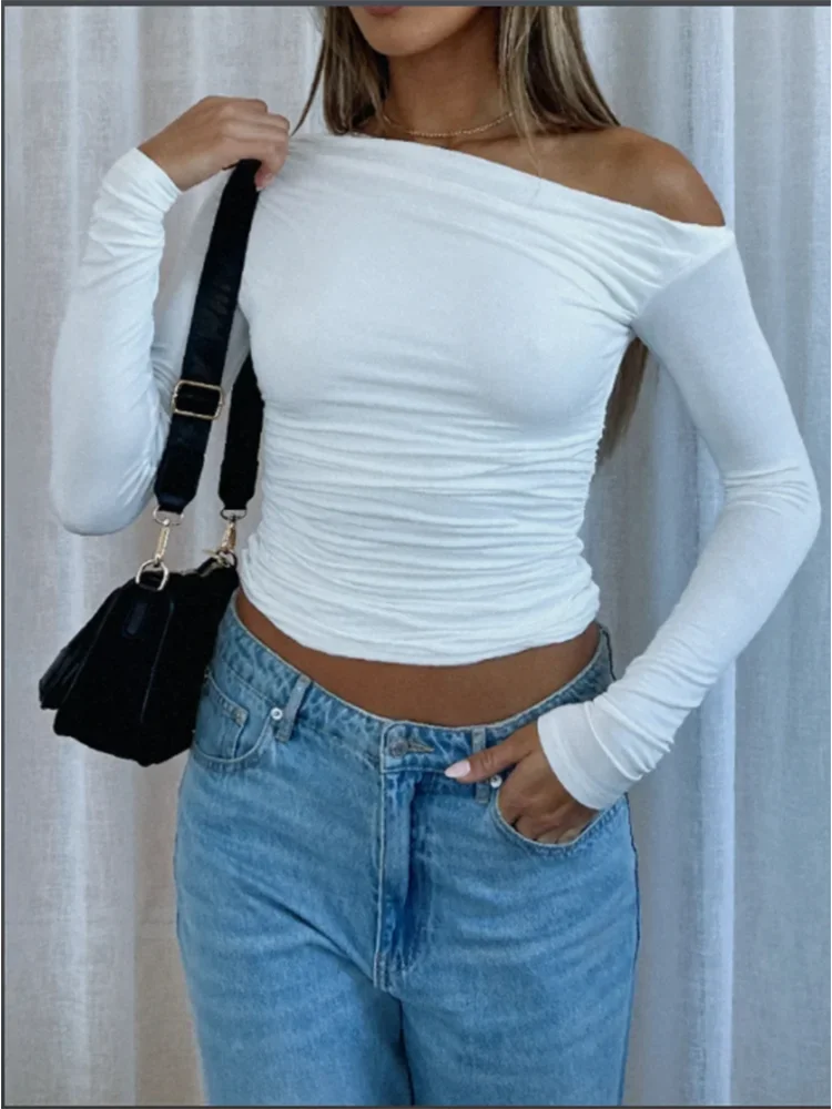 Nice Slant Collar Off Shoulder Long Sleeved Solid Color Pleate T-shirt Women's Simple Trendy Autumn White Top