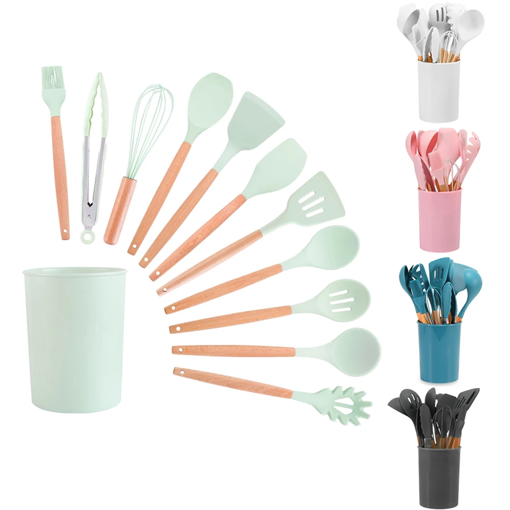 

12/13Pcs Silicone Utensils Set Non-Stick Cookware Wooden Handle Spatula Shovel Egg Beaters Kitchenware Kitchen Cooking Tool Set