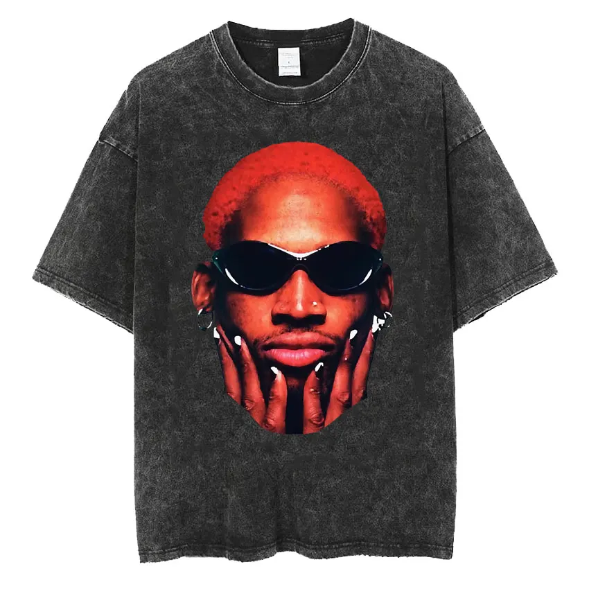 Dennis Rodman Classic Graphic T Shirt Men\'s Rare Black Homage Vintage Rap Hip Hop Style T-shirt Fashion Washed Tshirt Streetwear