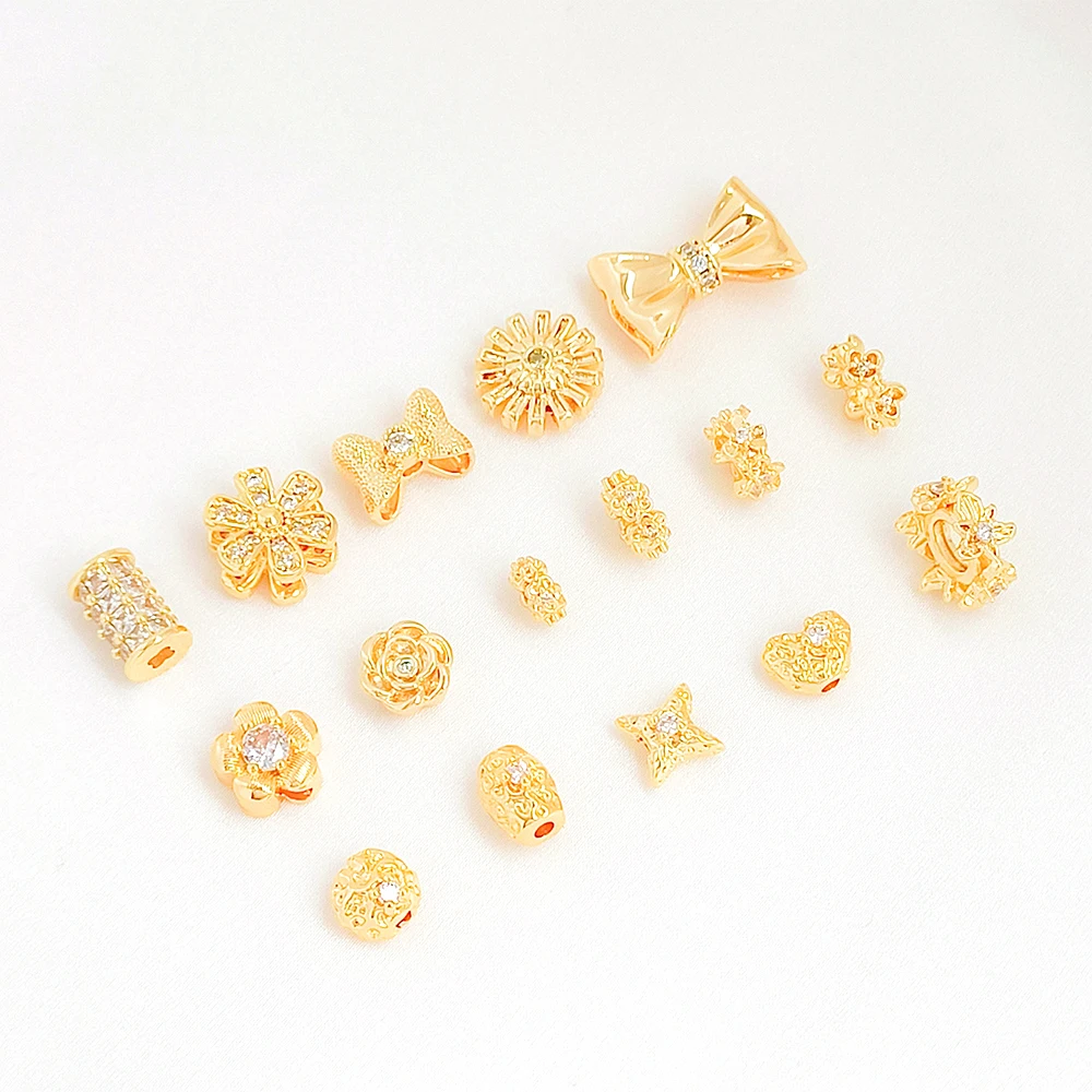 

Brass Package Made of 14K Gold Inlaid Zircon Flowers, Bows, Hearts, Stars, Separated By Beads DIY Jewelry Making Accessory