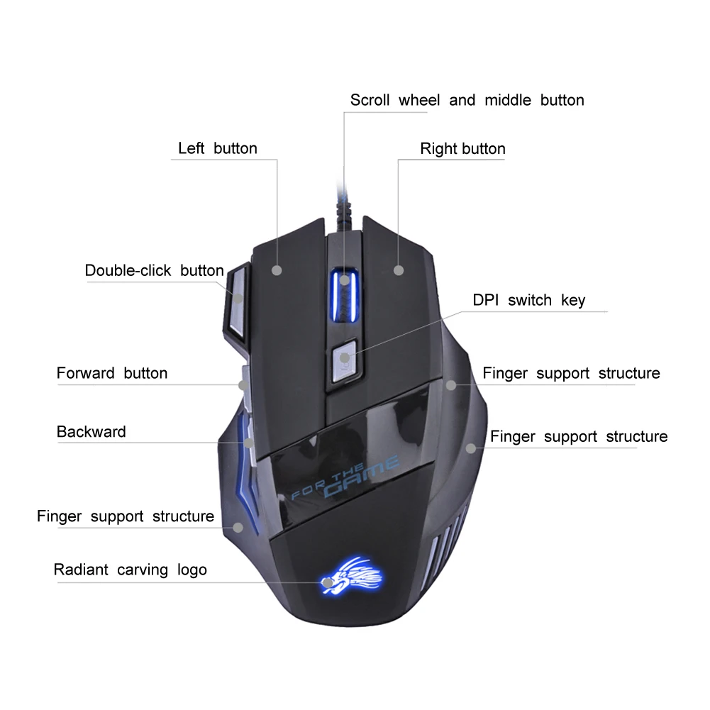 Mouse Da Gioco Cablato USB Ottico A 7 Pulsanti LED 5500 DPI Per