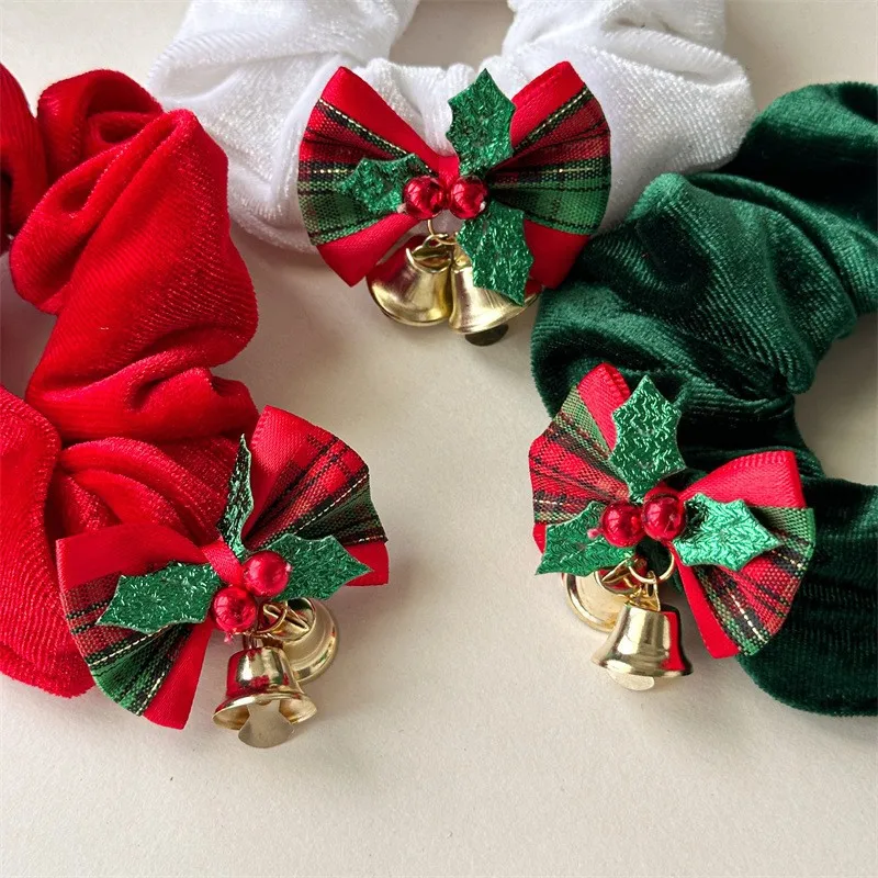 Sweet Christmas Bell Bow Large Scrunchie Red Green Sequins Hair Ring 10CM Hairband Elastic Hair Tie for Woman Hair Accessories