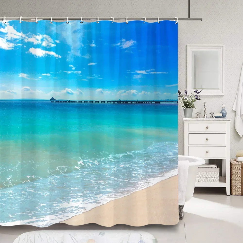 Blue Ocean Seaside Scenic Shower Curtain Popular Tropical Outdoor Beach Polyester Fabric Bath Curtains Bathroom Decor With Hooks