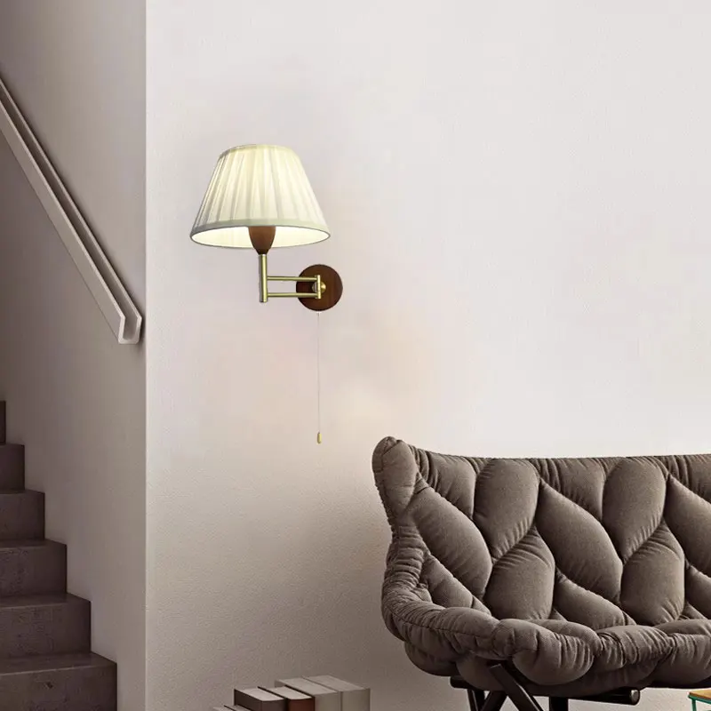 American Telescopic Wall Lamp Fabric Folding Rocker Arm Lamp Creative Bedroom Bedside Lamp Study Solid wood Reading Wall Light