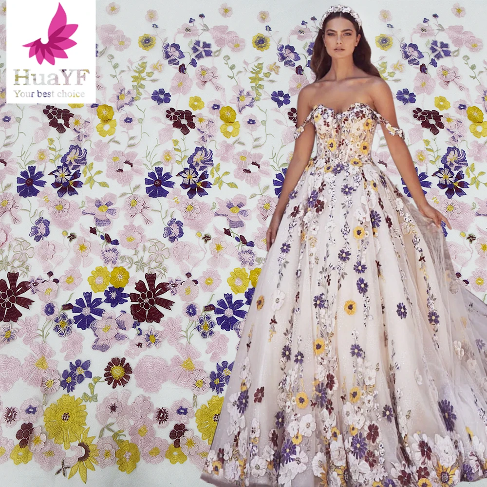 

3D-кружевная ткань с цветами 2026: Высококачественная сетчатая вышивка, аппликация, 3D-цветы, тюль, нигерийские кружевные ткани для свадебных платьев HY2323