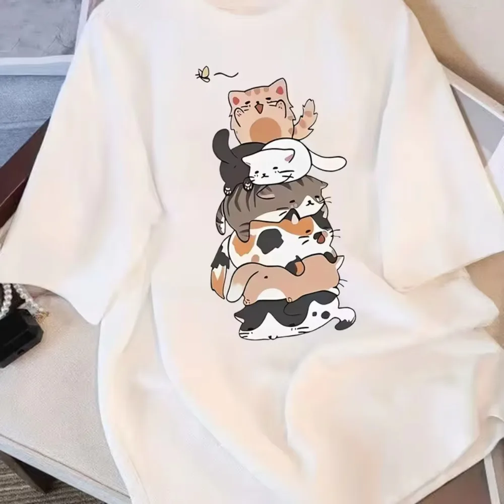 Cartoon Cat Star Print Loose Fit Mens Womens Top Oversized Casual Shirt Daily Wear Plus Size Easy Wear Fashion Tops