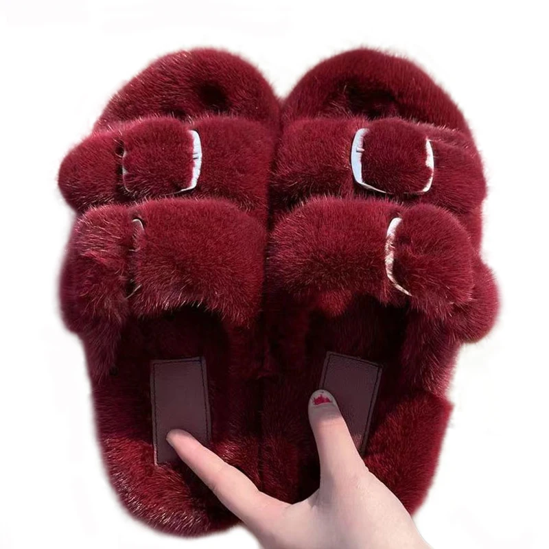 Mink Slippers European Stand Women's Real Mink Fur Slippers Fashion Ladies Furry Slippers Girls Flat Slippers Outside Shoes