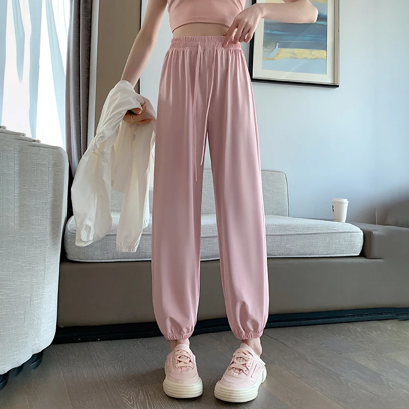 

Women's Spring Autumn Elastic High Waisted Drawstring Casual Sports Pockets Solid Harlan Lantern Tie Trousers Sweet Pants