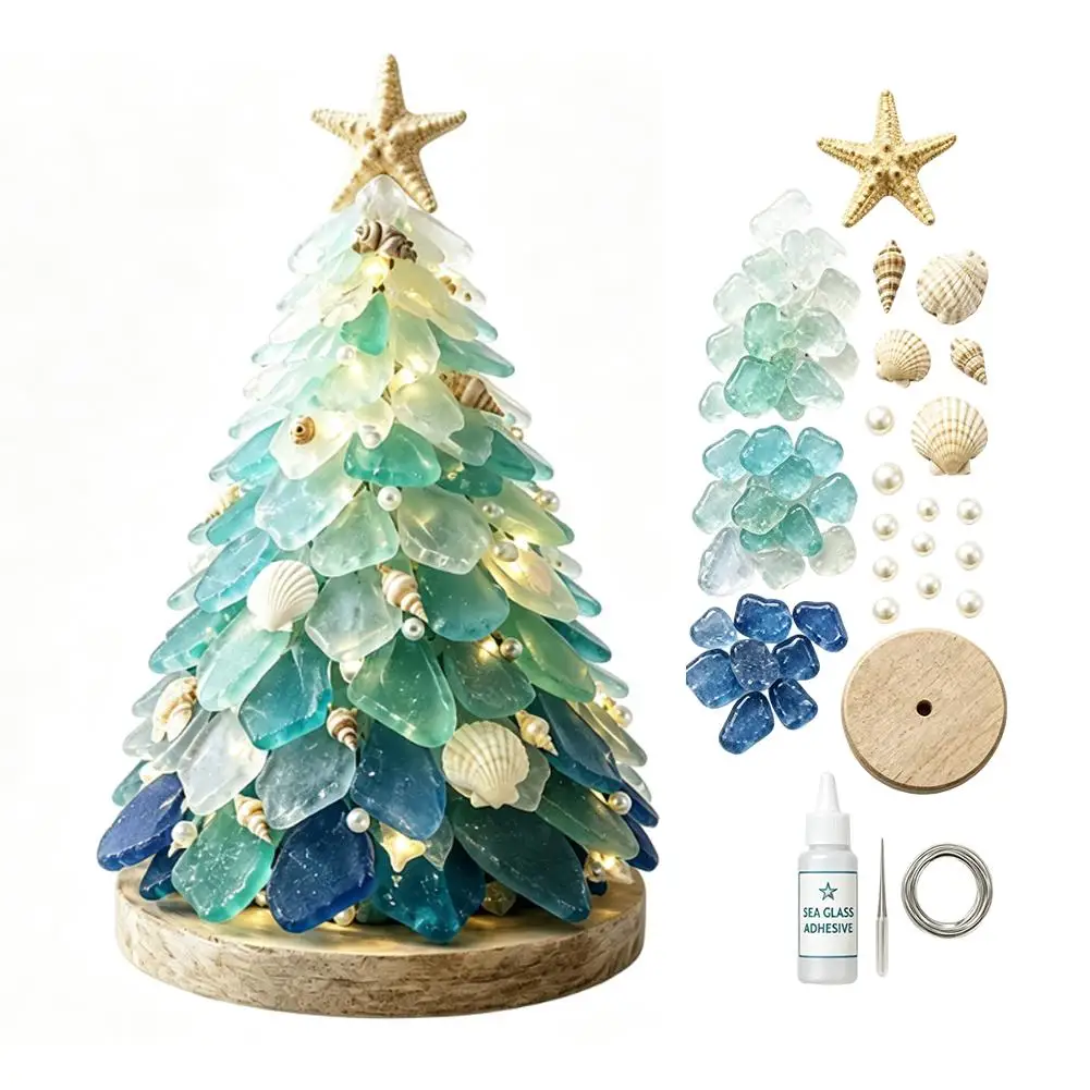 DIY Sea Glass Christmas Tree Craft Kit Coastal Ocean Style With Shell LED String Light Wooden Base Warm Glow Tabletop Ornament