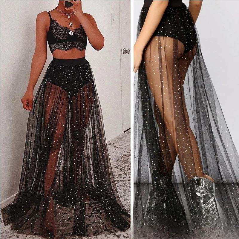 

Elegant Long Semi-skirt Women's Fashion 2024 New Style Sexy See-through Lace Gold-pressed Large Flounce Half-length Skirt