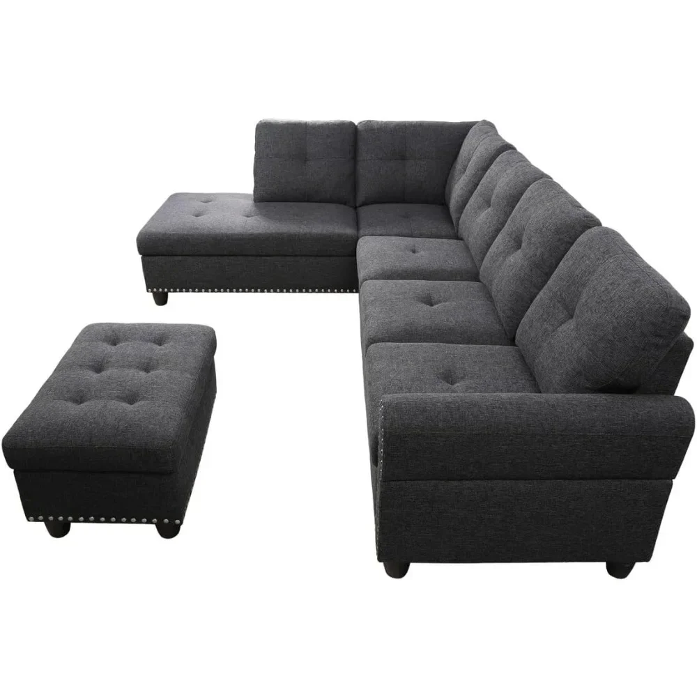 Sofas for Living Room in Dark Gray Finish Tufted Design Polyester Fabric Sectional Sofa with Lift-top Storage Ottoman Furniture