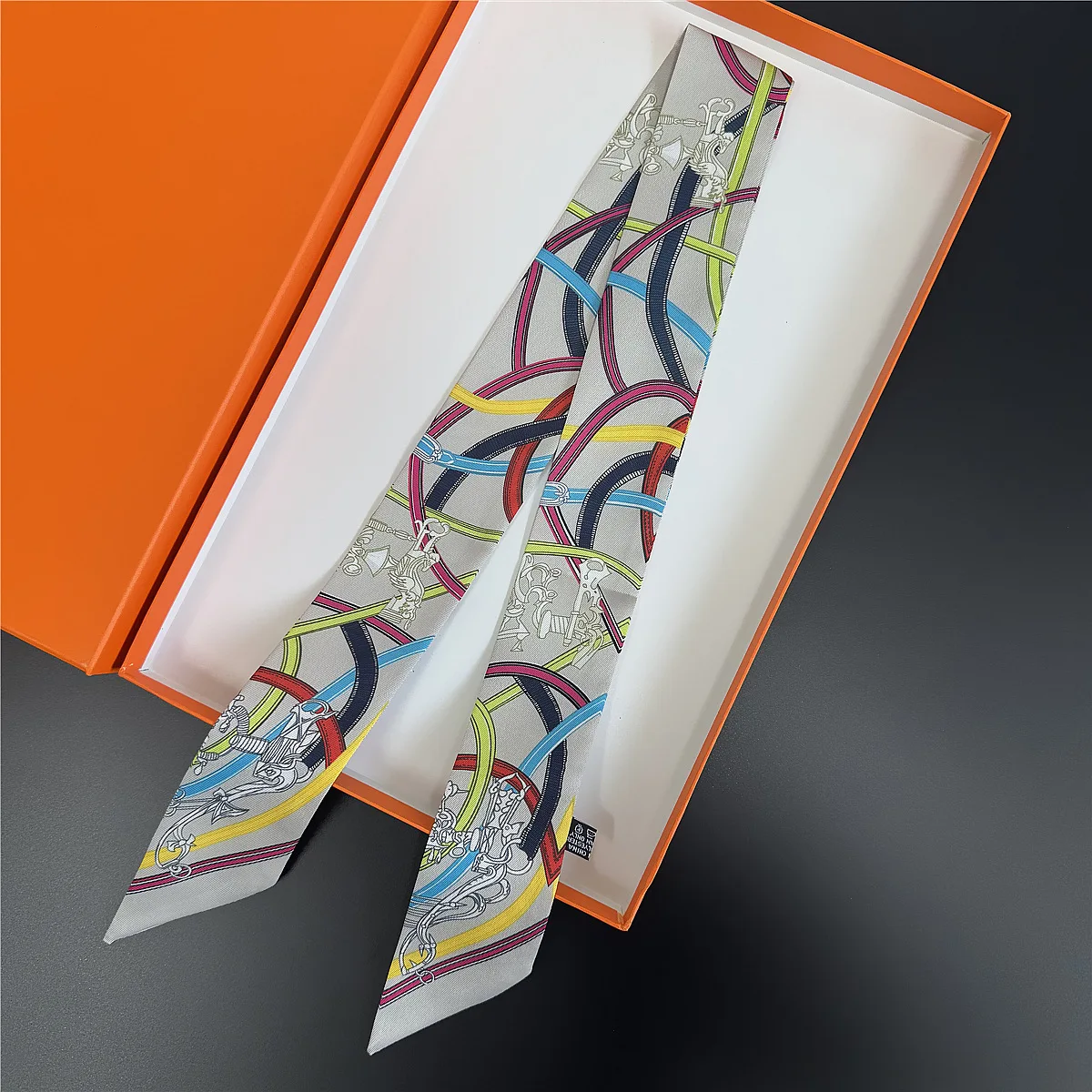 2026 Versatile Women's Twill Ribbon Tie Bag Handle Ribbon Headband Hot Selling Geometric Belt Chain Print Small Scarf Silk Scarf view 6