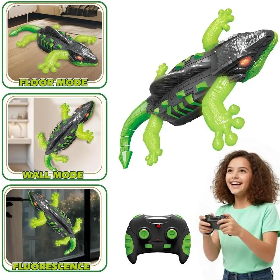 RC Gecko – zabawka imitująca gekona, realistyczna figurka gekona, gad, który „wspinie się” po ścianach, z diodami LED tworzącymi efekt pulsującego światła, idealna do umieszczenia na ścianie, oknie