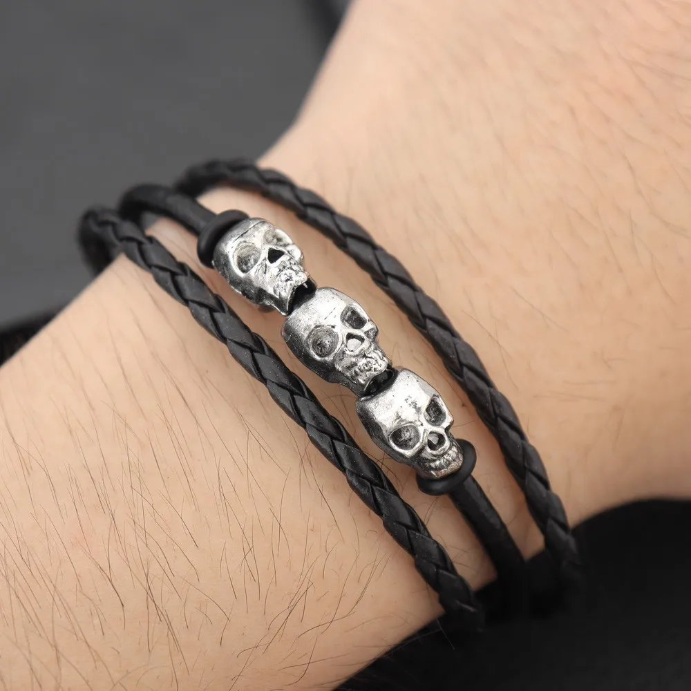 Cool Skeleton Skull Leather Bracelet Men\'s Stainless Steel Punk Rock Gothic Charm Woven Multilayer Bracelet Men\'s Jewelry Gift