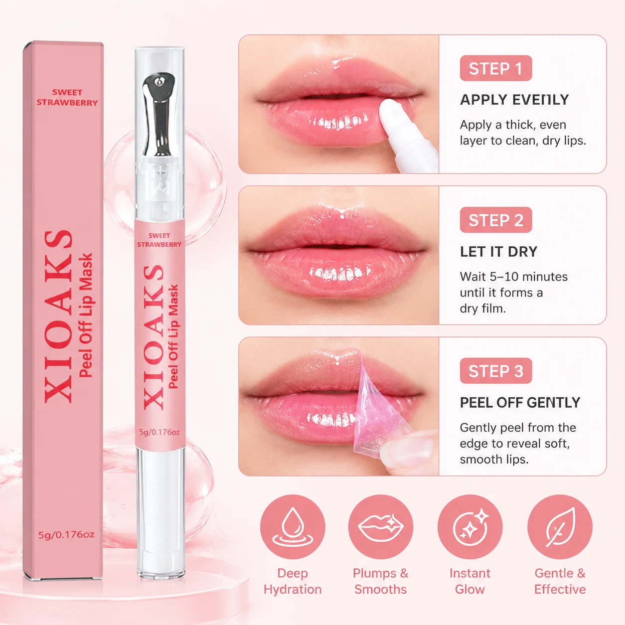 Collagen Lip Mask, Reduces Lip Lines, Long-Lasting Color Retention, Even Color Application, Translucent, Naturally Plump, Non-Smudged, Waterproof and Sweat-Proof, Non-Sticky, Does Not Fade Off, Exfoliates Dead Skin, Enhances Complexion, Hydrates, Repairs Chapped Lips, Improves Dull and Dark Lips, Deeply Nourishes Lips, Moisturizing and Soft Texture, Lightweight and Not Heavy, Formula Is Gentle and Non-Irritating, a Must-Have for Home and Travel, Easily Achieve a Hydrated, Pink, Glass-Like Lip Finish.