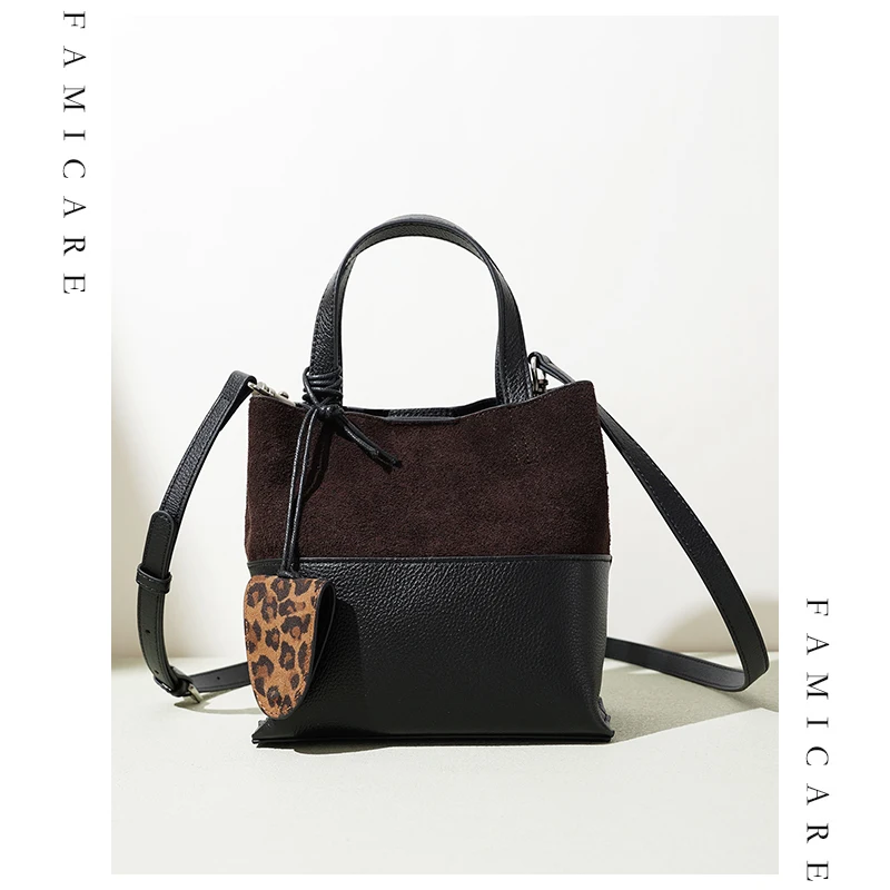 

Women's Tote Bag 2025 Leopard Print Color Block Vintage Suede Leather Bucket Handbag Unique Letter Design Shoulder Crossbody Bag